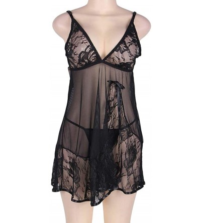 Nightgowns & Sleepshirts Mini V Neck Teddy Babydoll Women's Lace Lingerie Set with G-String - Black-3 - CW190L4SQ7S $21.69