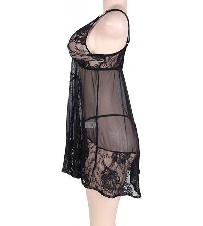 Nightgowns & Sleepshirts Mini V Neck Teddy Babydoll Women's Lace Lingerie Set with G-String - Black-3 - CW190L4SQ7S $21.69