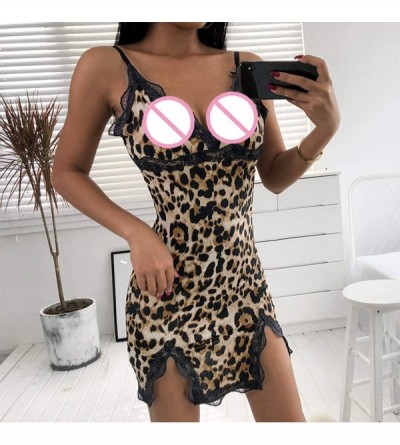 Thermal Underwear Sexy Lace Leopard Lingerie Pajamas Nightclub Style Sling V-Neck Long Nightgown Babydoll Dress KLGDA - Brown...