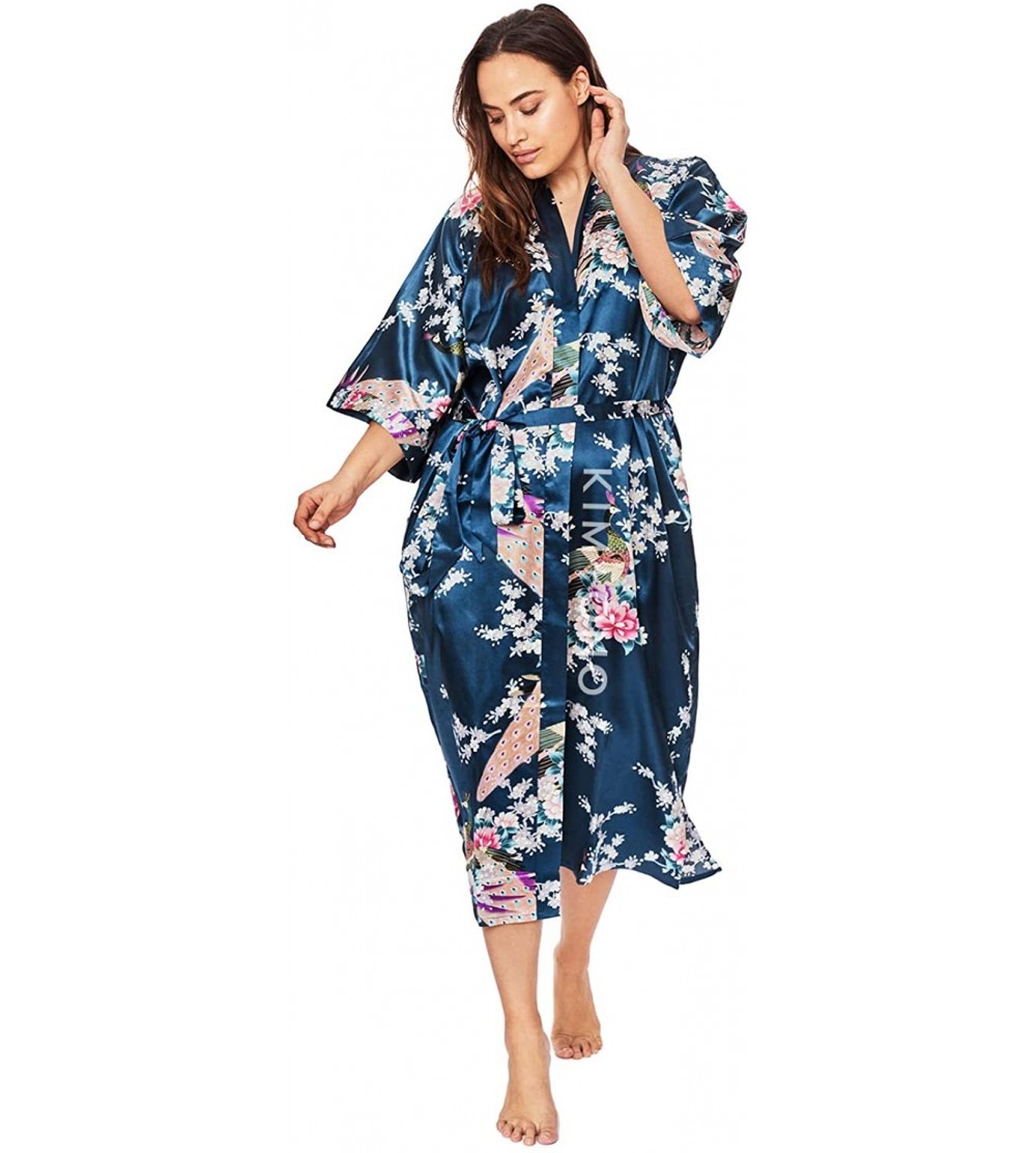 Robes Plus Size Women's Satin Kimono Robe Long - Floral - Peacock & Blossoms - Sapphire - CI19CW4L7ZI $33.43