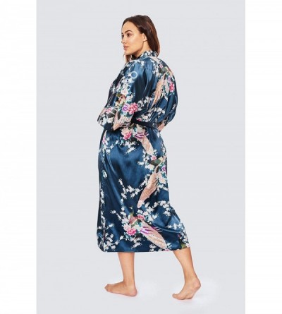 Robes Plus Size Women's Satin Kimono Robe Long - Floral - Peacock & Blossoms - Sapphire - CI19CW4L7ZI $33.43