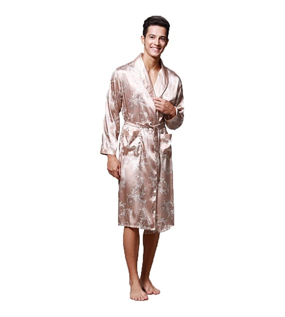 Robes Satin Robe Chinese Dragon and Phoenix Robe Pajamas Silk Sleepwear Kimono Nightgown Bathrobe Men/Women - Camel Men - CK1...
