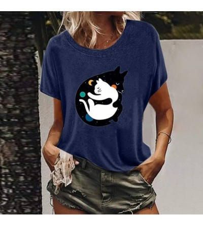 Robes Women's Cute Kitty Printing Short Sleeve O-Neck Casual T-Shirt Blouse Tops - Navy - CM196SYM4XI $14.50