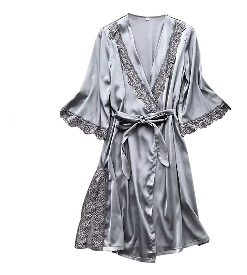 Nightgowns & Sleepshirts Women Sexy Lace Sleepwear Lingerie Temptation Camisole Nightdress Nightgown with Belt - Gray 4 - CS1...