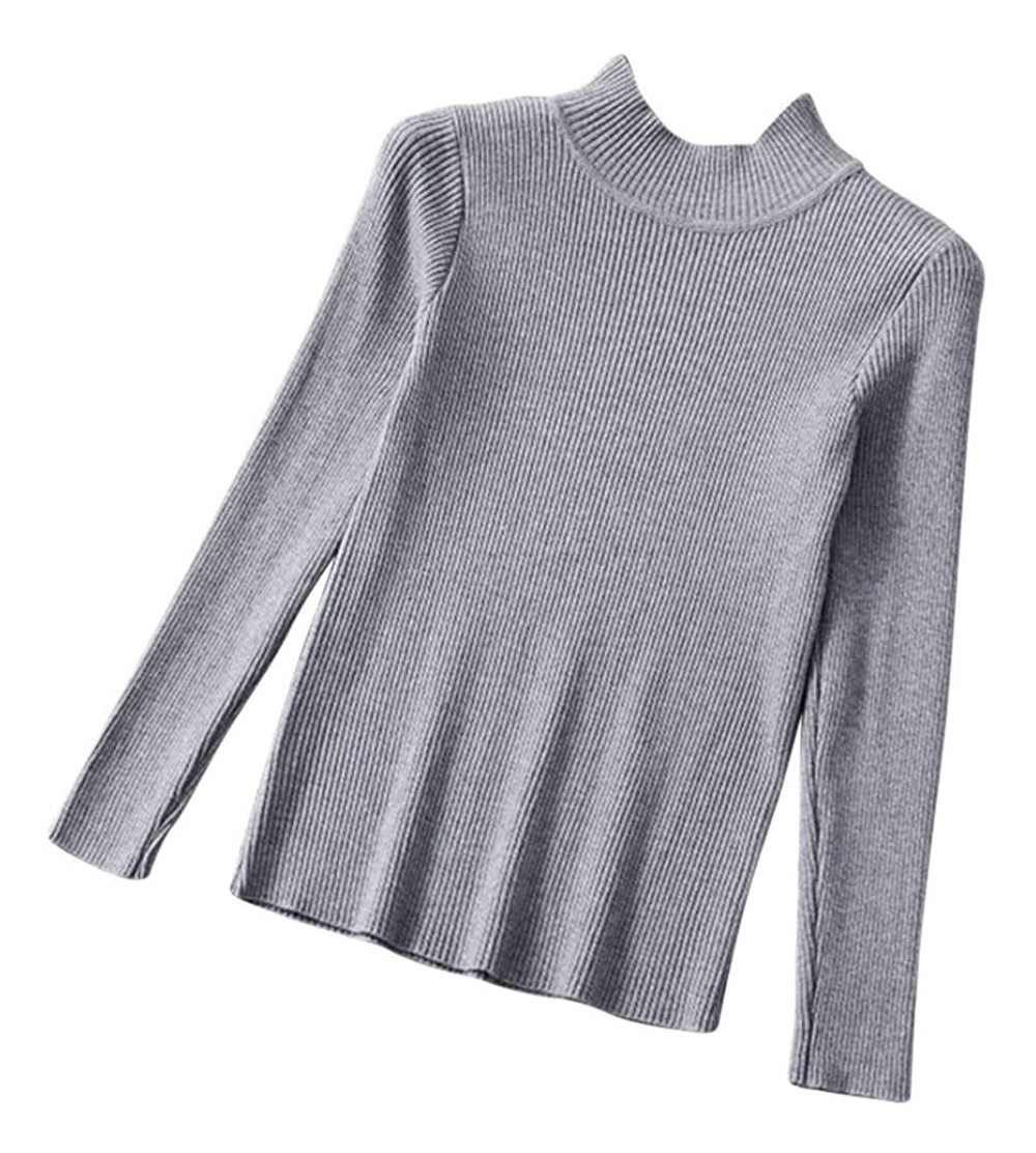 Baby Dolls & Chemises Women Tops Sweatshirt Knitting Shirt Sweater High Collar Slim Fit Blouse Pullover Top - Gray - CA18Y3NL...