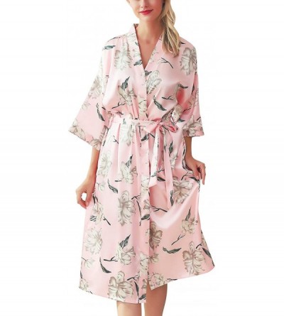 Robes Women's Satin Kimono Robe Silk Floral Bridesmaid Spa Pockets Soft Long Bathrobe - Pink - CU18L8GDQK5 $28.56