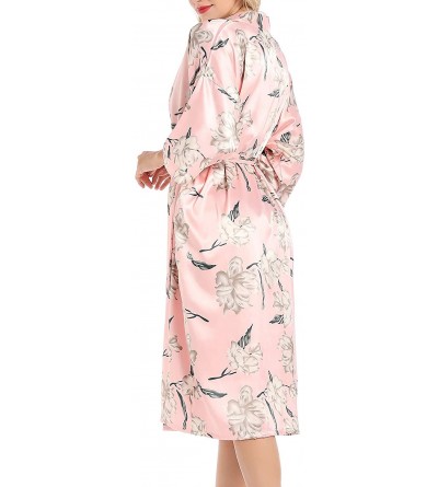 Robes Women's Satin Kimono Robe Silk Floral Bridesmaid Spa Pockets Soft Long Bathrobe - Pink - CU18L8GDQK5 $28.56