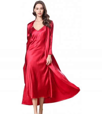 Nightgowns & Sleepshirts 2 Piece Women Satin Nightgowns and Robe Set Sexy Silk Slip Dress Chemise Nightdress - Red - CV193N9G...