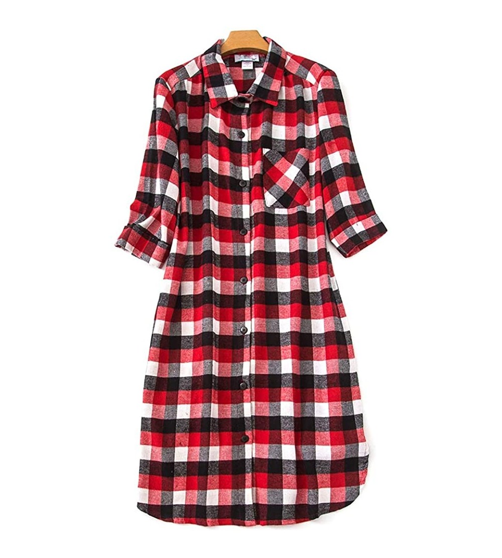 Nightgowns & Sleepshirts Women's Sleep Shirt Flannel Print Pajama Top Button-Front Nightshirt Sleepwear - Long Red - CE1925LO...