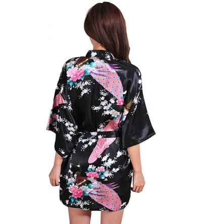 Robes Women Kimono Printing Peacock Satin Robe for Bridesmaid Wedding Short Sleeve - Black - CH180IA4SKO $8.85