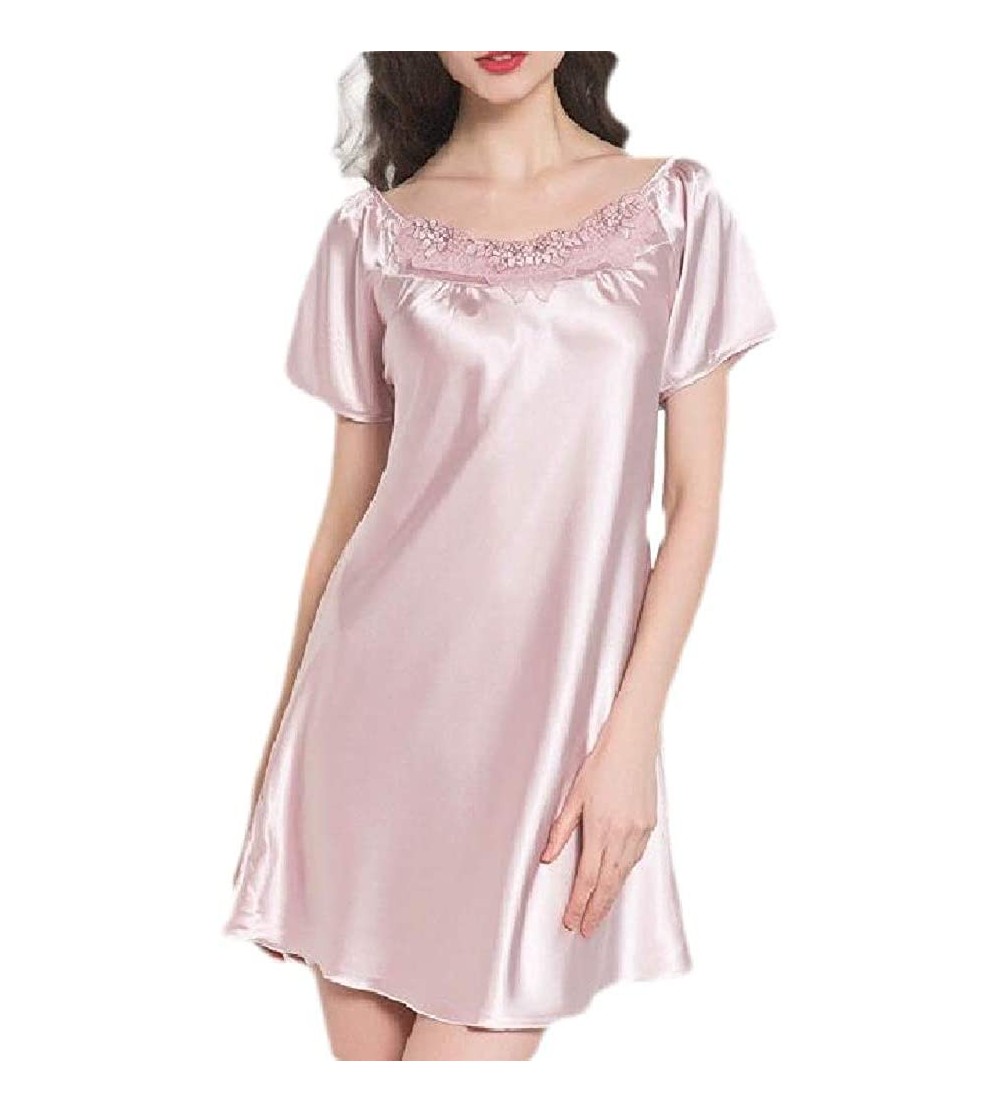 Nightgowns & Sleepshirts Women's Comfort Soft Short Sleeve O-Neck Satin Solid Color Nightgown Night Dress - Purple - CJ19DNKZ...