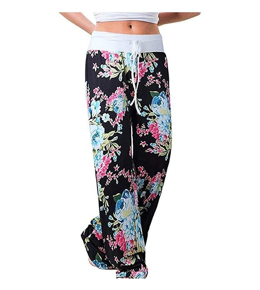 Bottoms Comfy Casual Pajama Pants Floral Print Drawstring Palazzo Lounge Pants Wide Leg - 03-black - C21947MMOHS $11.81