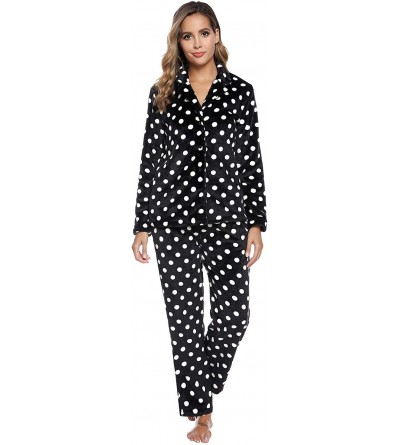 Sets Women's Cute Polka Dot Pajamas Set Long Sleeve Sleepwear Flannel Button Down Loungewear Pjs Set - Black - C518A8LAZ6U $3...