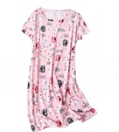 Nightgowns & Sleepshirts Women's Cotton Nightgown Sleepwear Short Sleeves Shirt Casual Print Sleepdress - Pink Cat - CO18DIDA...