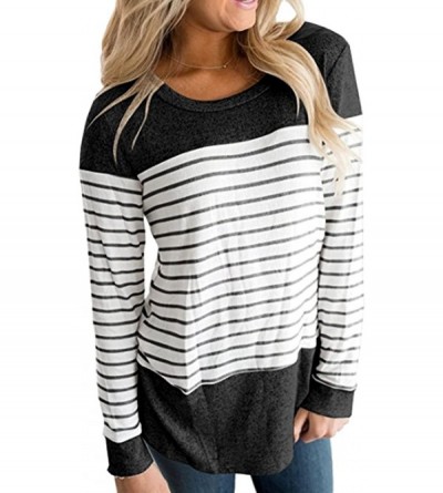 Tops Women Long Sleeve Round Neck Blouse Color Block Striped Casual Tops T Shirt - Black - C818C0T60OE $37.94