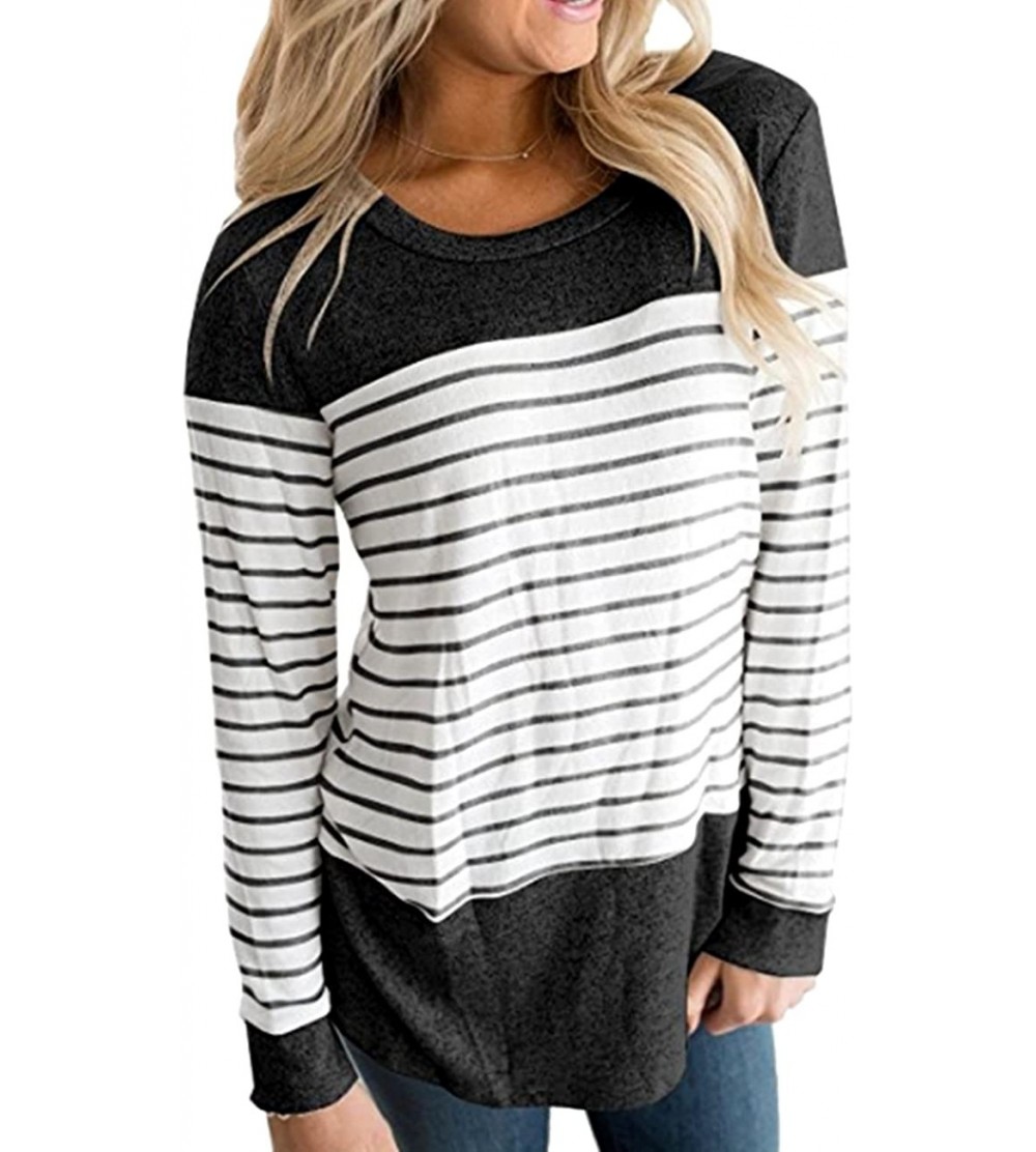 Tops Women Long Sleeve Round Neck Blouse Color Block Striped Casual Tops T Shirt - Black - C818C0T60OE $21.61