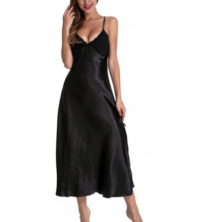 Nightgowns & Sleepshirts Women's Satin Nightgown Dress Silk Lace Sleeveless Long Chemise Lingerie Sleepwear - Black - CG18KGM...