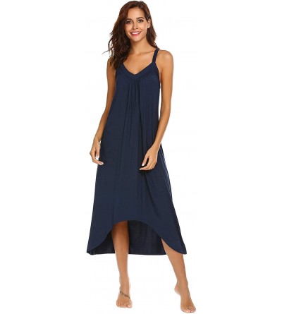 Robes Womens Sleeveless Long Nightgown Summer Slip Night Dress Cotton Sleepshirt Chemise - A-navy Blue_6696 - CN18CUT492X $19.63