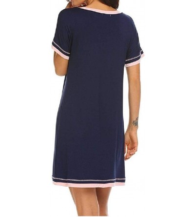 Nightgowns & Sleepshirts Women Short Sleeve O-Neck Cozy Everyday Hit Color Sleeping Dress - Navy Blue - CV1900H3MAO $26.74