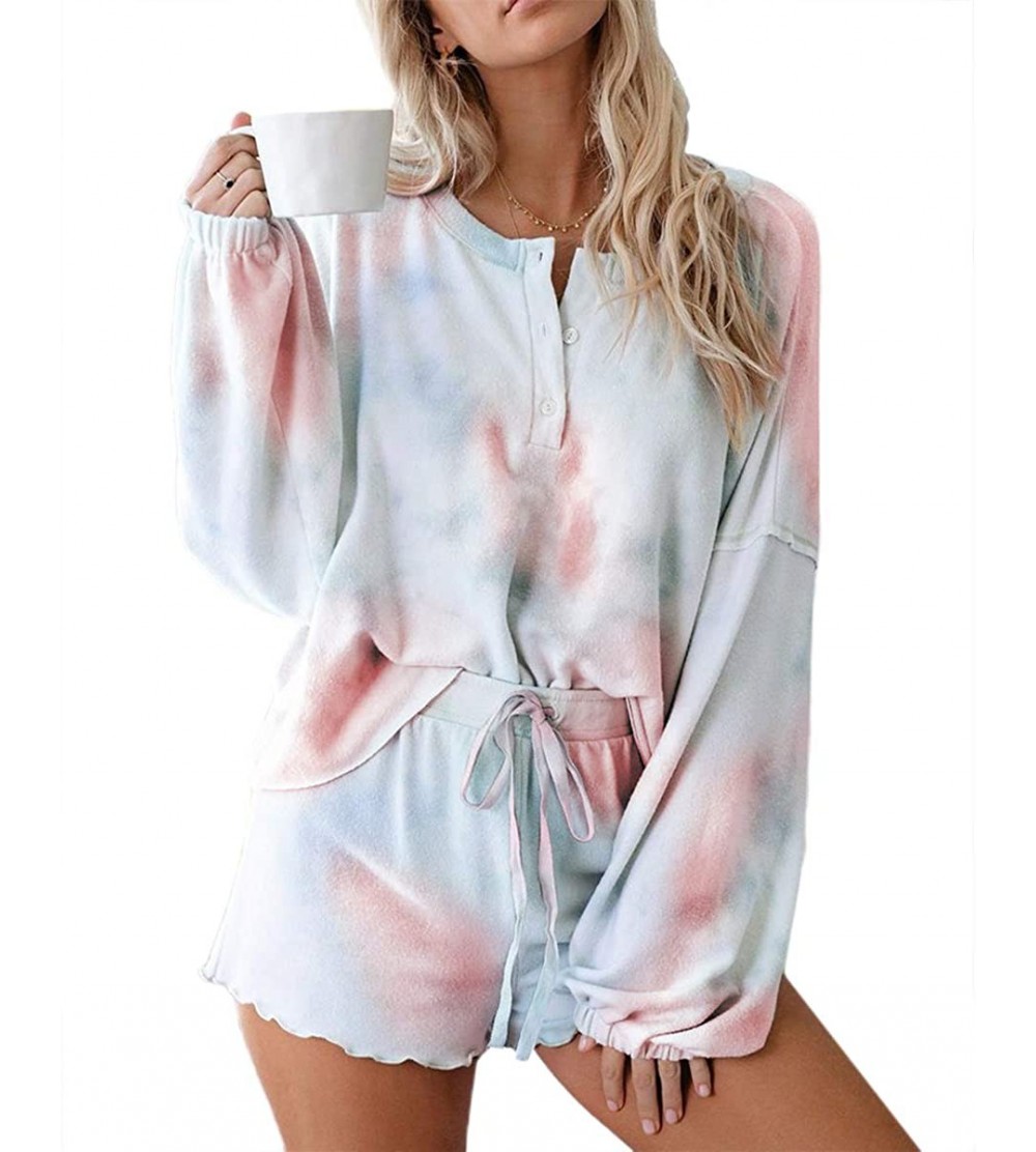 Sets Women 2 Piece Pajama Set Tie Dye Short Sleeve T-Shirt Tops Drawstring Shorts Sleepwear Loungewear Summer Clothes - D-pin...