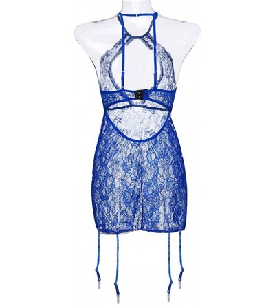 Robes Plus Size Women's Halter Lace Lingerie Keyhole Mesh Stretch Babydoll Chemise with Garters - Blue - C918UX7Q3X3 $12.77