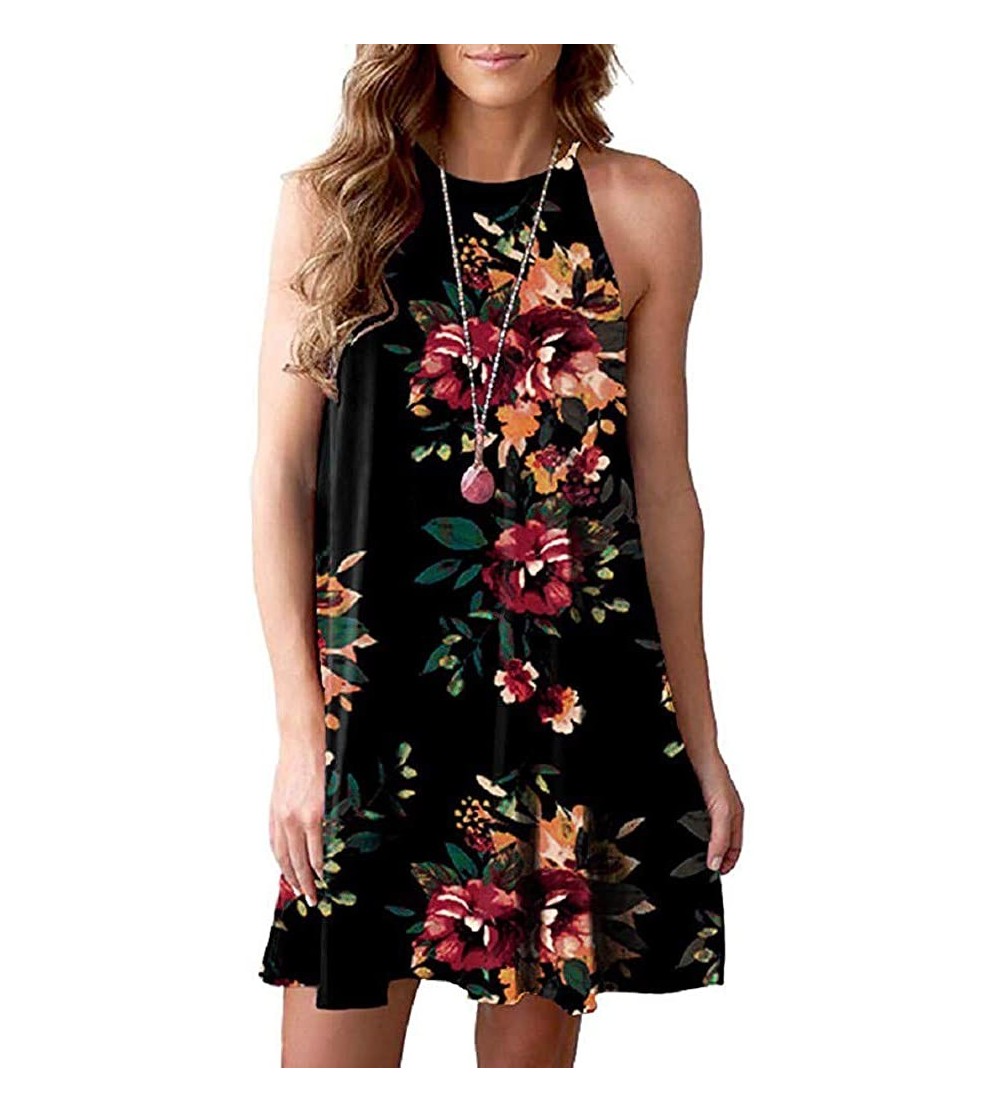 Nightgowns & Sleepshirts Women Sleeveless Halter Neck Boho Print Casual Mini Beachwear Dress Sundress - Black - CS18RW8G6WG $...