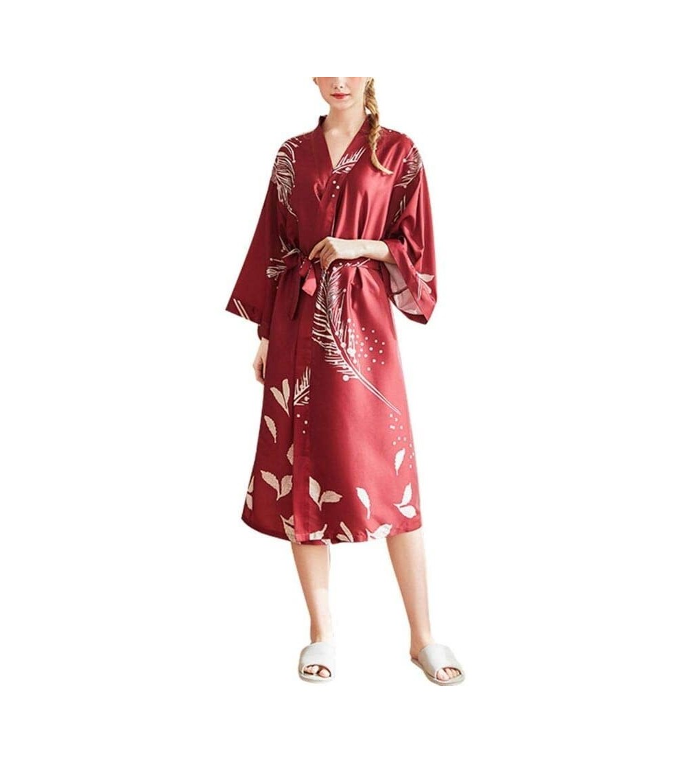 Robes Kimono Dress Woman in Satin by Night- Along Bathrobe for Women-Red-XL - CG194TCN0YZ $35.94