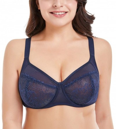 Bras Women's Lace Bra Full Coverage Minimizer Non Padded Sexy Underwired Bra Plus Size - Navy Blue - C018QMGO2UH $18.01