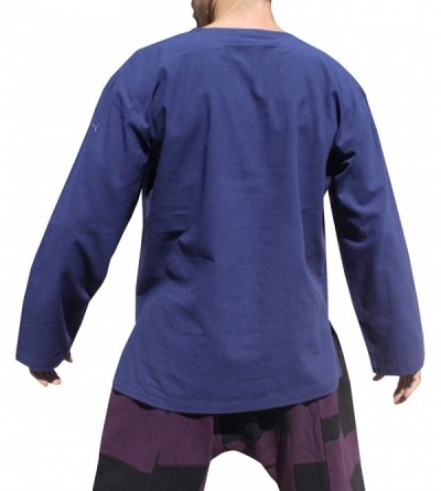Robes Soft Summer Textured Cotton Open Slit Collar Long Sleeve Shirt - Dark Blue - CA18NA8DHII $29.20
