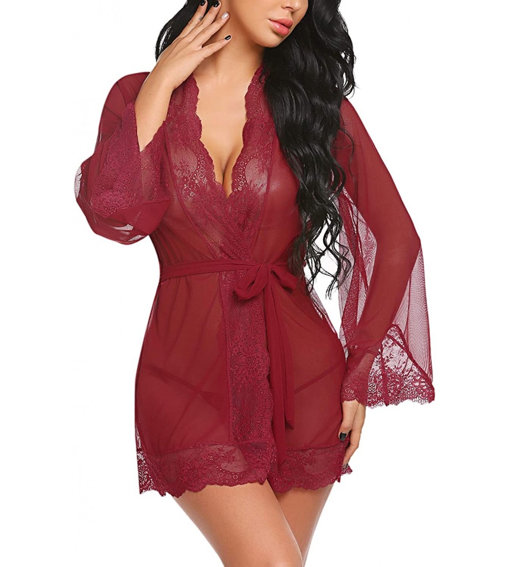Robes Women Lace Kimono Robe Babydoll Sexy Lingerie Mesh Chemise Nightgown Cover Up - Dark Red - CF18UUDNU2G $16.08