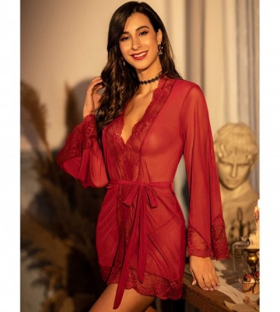 Robes Women Lace Kimono Robe Babydoll Sexy Lingerie Mesh Chemise Nightgown Cover Up - Dark Red - CF18UUDNU2G $16.08