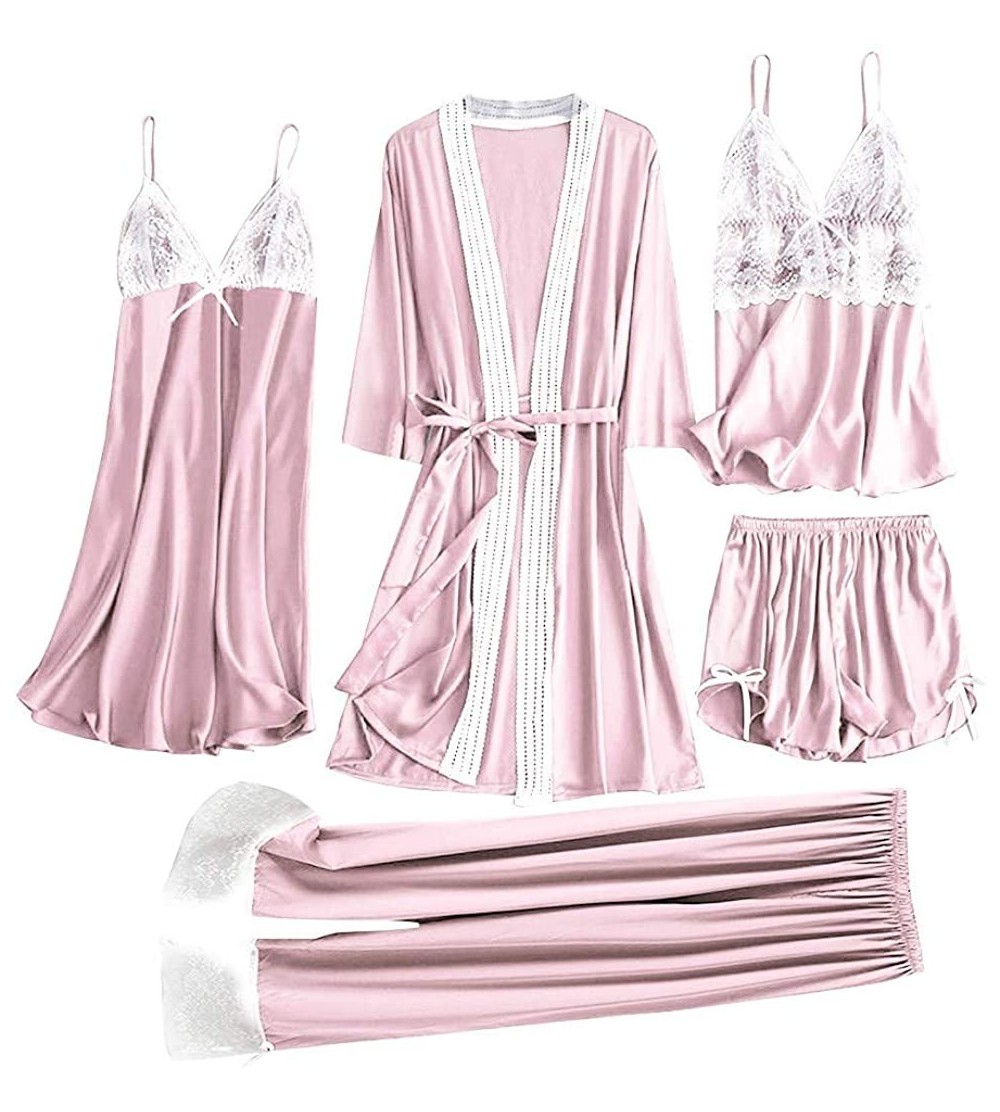 Sets Sleepwear Women's 5PC Pajama Set Lace Satin Dress Cami Shorts Trousers Pajama Set with Robe - Pink - CY197D5KOAO $29.66
