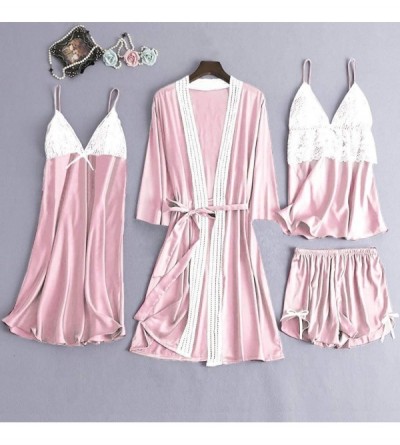 Sets Sleepwear Women's 5PC Pajama Set Lace Satin Dress Cami Shorts Trousers Pajama Set with Robe - Pink - CY197D5KOAO $29.66