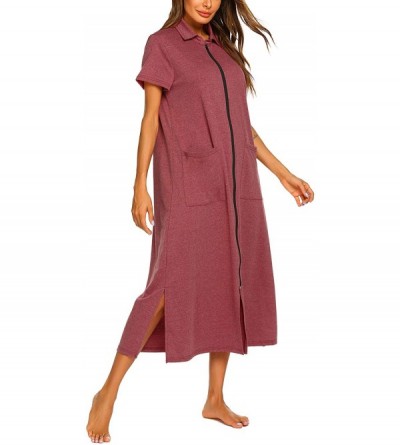 Robes Women Zipper Robe Short Sleeve House Dress Full Length Sleepwear Duster Housecoat with Pockets - Wine Red - C118QN380W3...