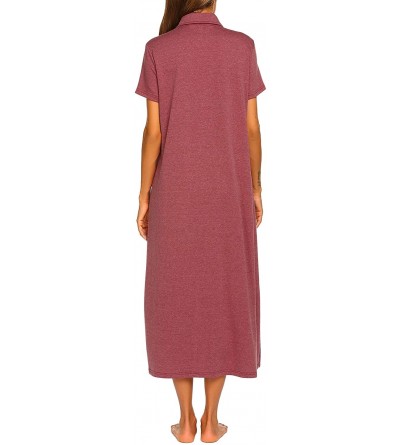 Robes Women Zipper Robe Short Sleeve House Dress Full Length Sleepwear Duster Housecoat with Pockets - Wine Red - C118QN380W3...