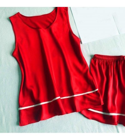 Sets Womens Satin Short Set with Tank Top- Summer Sexy PJ Sleepwear Sleeveless Nightwear Pajamas Set Loungewear - Red - C218S...
