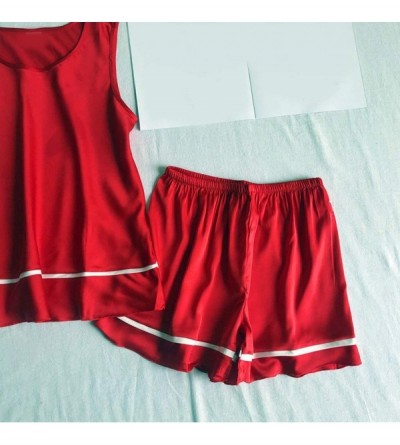 Sets Womens Satin Short Set with Tank Top- Summer Sexy PJ Sleepwear Sleeveless Nightwear Pajamas Set Loungewear - Red - C218S...