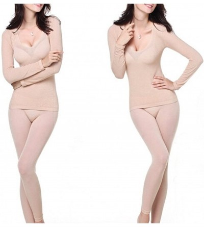 Thermal Underwear Seamless Scoop Neck Super Thin Thermal Base Layer Set Top and Bottom - Nude - C412MR73903 $17.36