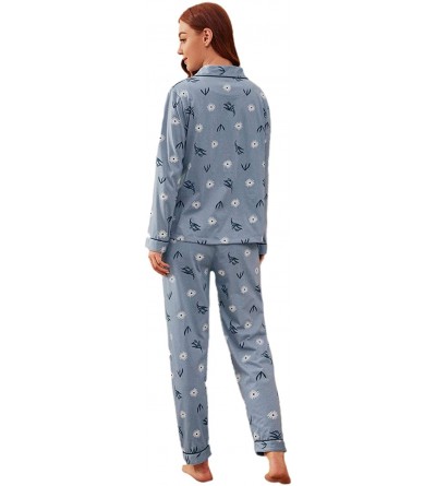 Sets Women's Pajamas Set Button Down Sleepwear Long Sleeve Nightwear Pants Loungewear - Blue - CN18AOAI90T $28.23