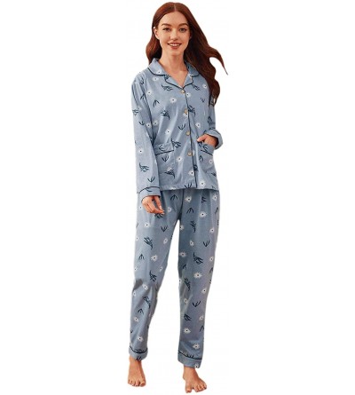 Sets Women's Pajamas Set Button Down Sleepwear Long Sleeve Nightwear Pants Loungewear - Blue - CN18AOAI90T $28.23