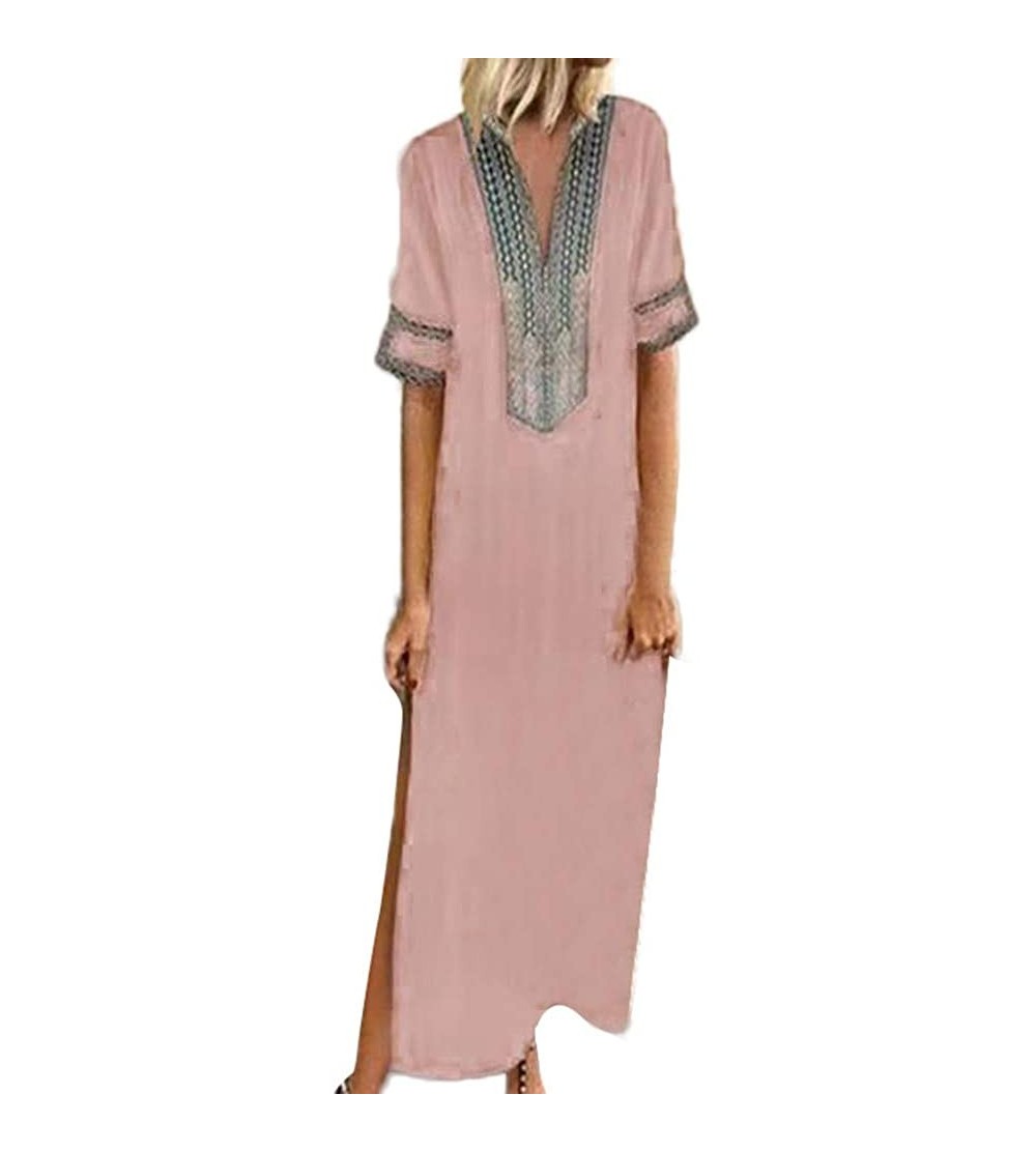 Robes Women's Plus Size Loose Sexy v-Neck Short Sleeve Folk-Custom Vintage Slit Long Dress Casual Summer Shift Maxi Dress - P...