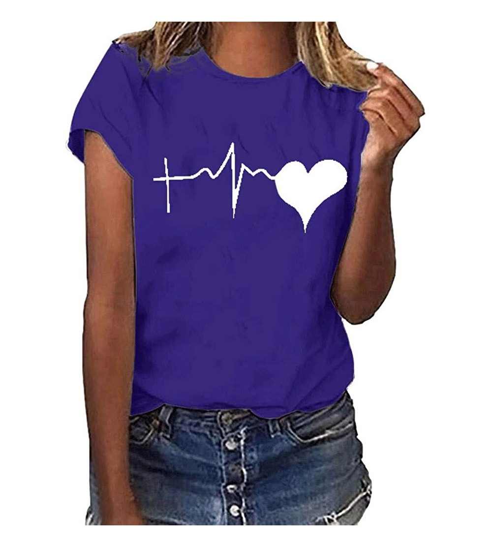Thermal Underwear Love T-Shirt for Women Summer Print Short SleeveTunic Blouse Top - Short Sleeve-purple - CT18U8L6EL7 $24.06