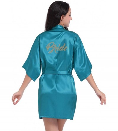 Robes Women's Half Sleeve Soft Satin Bridal Kimono Robe Short Bathrobe for Bride - Teal - CV186T9E4KU $19.14