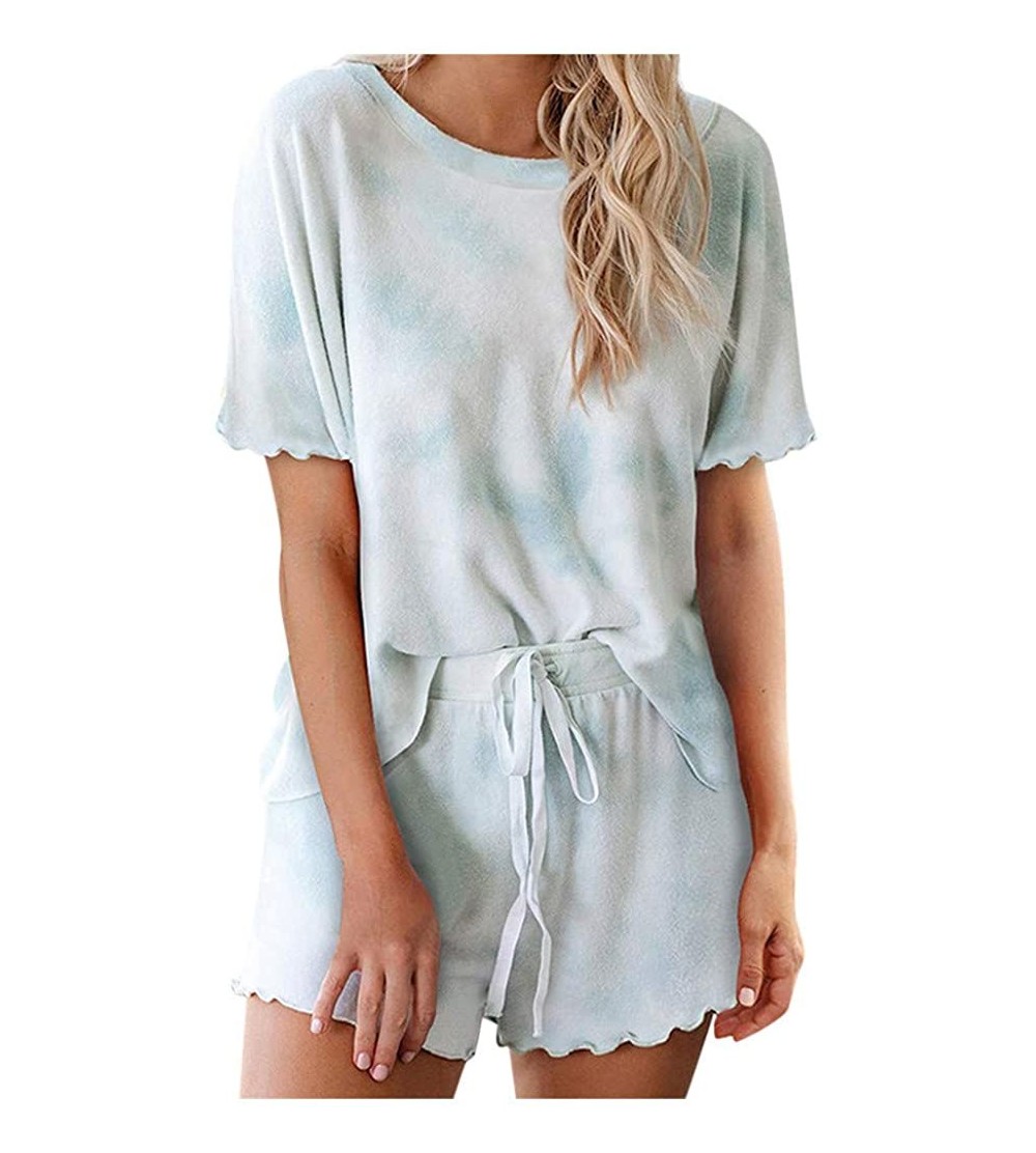Sets Women's T-Shirt Gradient Short Sleeve Tops Blouse Tie-Dye Printed Shorts Long Sleeve 2 Piece Pajamas Set Sleepwear - Gre...