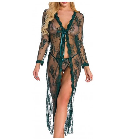 Robes Women's Lace Sexy Robe Lingerie Sexy Long Lace Dress Sheer Gown See Through Kimono Robe - Green - CH18UXNYG3Y $34.91