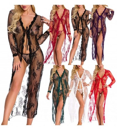 Robes Women's Lace Sexy Robe Lingerie Sexy Long Lace Dress Sheer Gown See Through Kimono Robe - Green - CH18UXNYG3Y $15.02