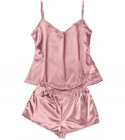 Sets Women's Satin Pajama Cami Set Silky Lace Nightwear 2 Piece Lingerie Short Sleepwear - Solid - Pink - CK1946772TC $13.25