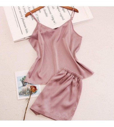 Sets Women's Satin Pajama Cami Set Silky Lace Nightwear 2 Piece Lingerie Short Sleepwear - Solid - Pink - CK1946772TC $13.25