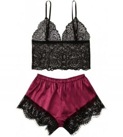 Sets Women's 2 Piece Lingerie Set Lace Cami Top with Shorts Sexy Pajama Set - Wine - C8199ZX4756 $8.95