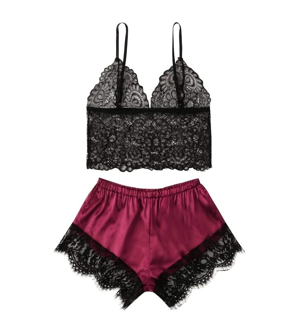 Sets Women's 2 Piece Lingerie Set Lace Cami Top with Shorts Sexy Pajama Set - Wine - C8199ZX4756 $8.95
